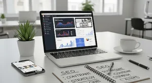 pngtree modern workspace with laptop analytics dashboard seo notes notebook plant and image 21735682